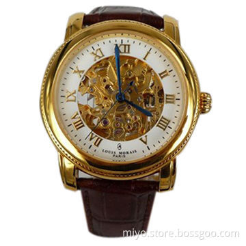 Skeleton face automatic watch in 316L stainless steel case and leather strap, 5ATM waterproof